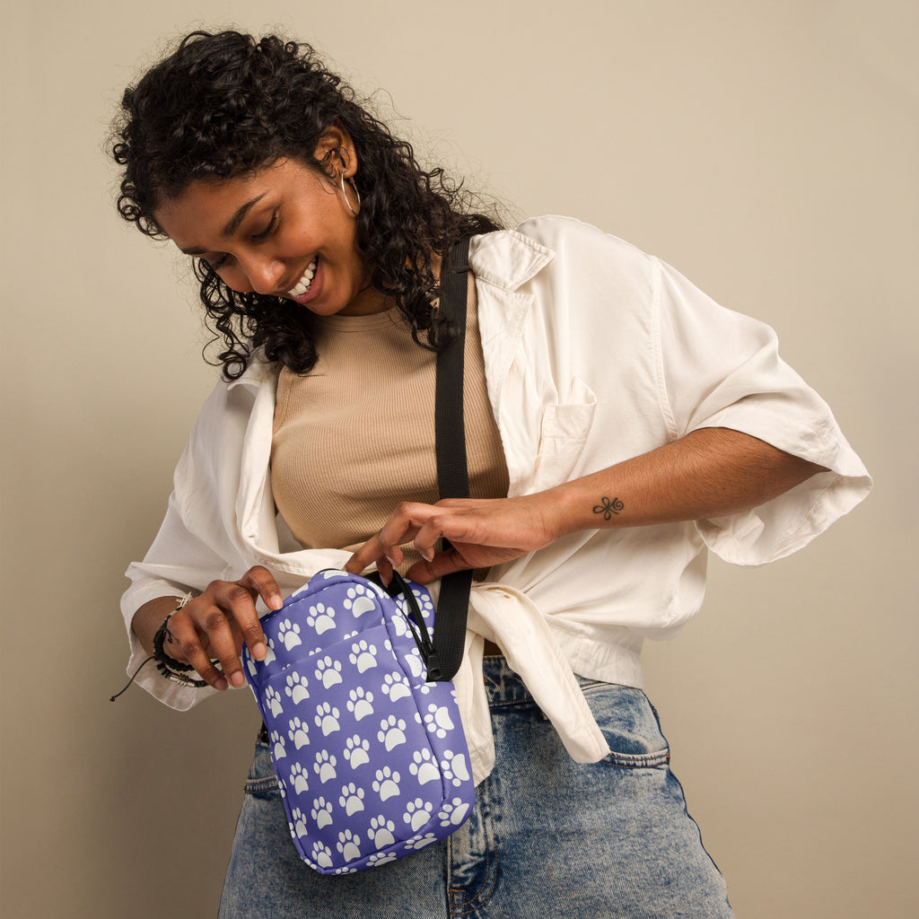 Purple Paw Print Crossbody Bag – Water Resistant Mini Purse With Adjustable Strap & Pockets