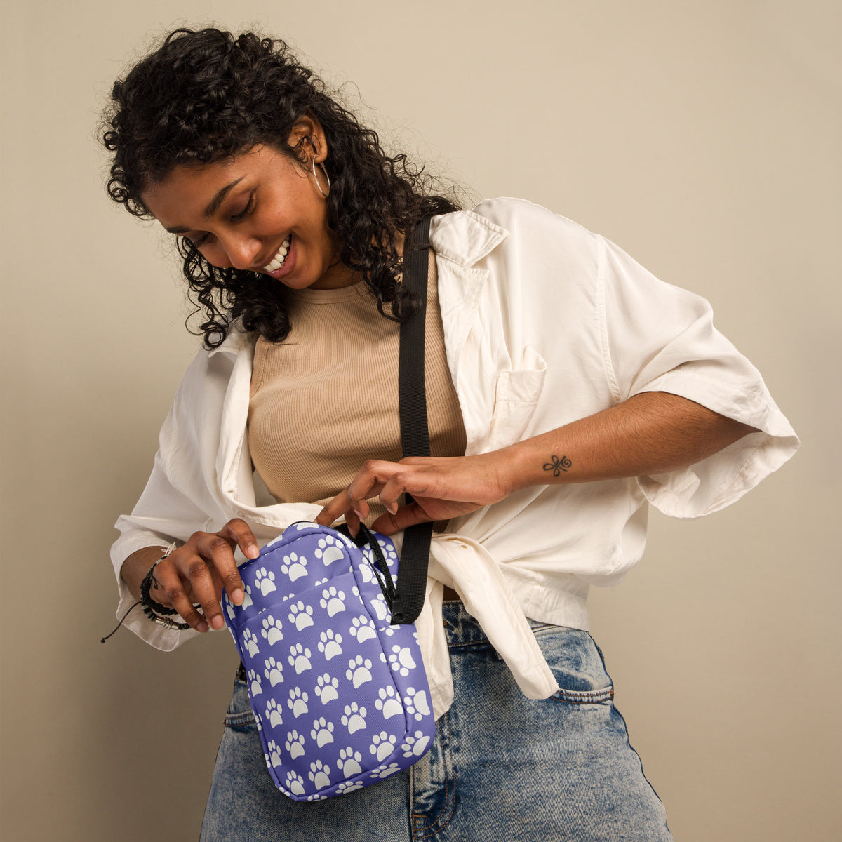Purple Paw Print Crossbody Bag – Water Resistant Mini Purse With Adjustable Strap & Pockets