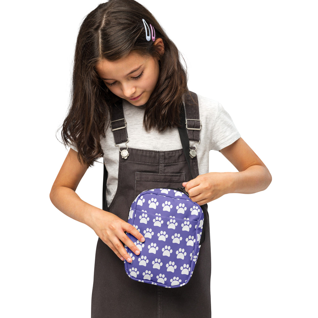 Girls Purple Paw Print Crossbody Bag – Water Resistant Mini Purse With Adjustable Strap & Pockets