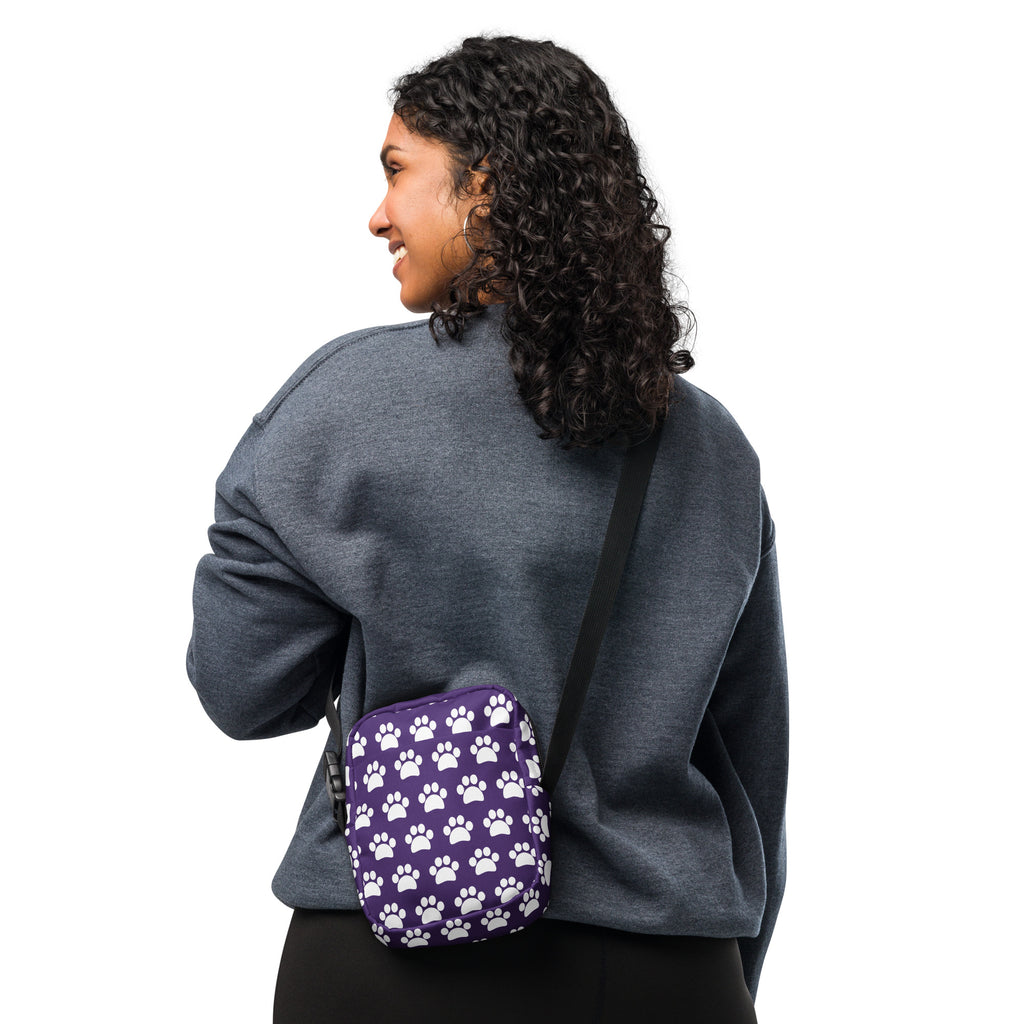 Dark Purple Paw Print Crossbody Bag – Water Resistant Mini Purse With Adjustable Strap & Pockets