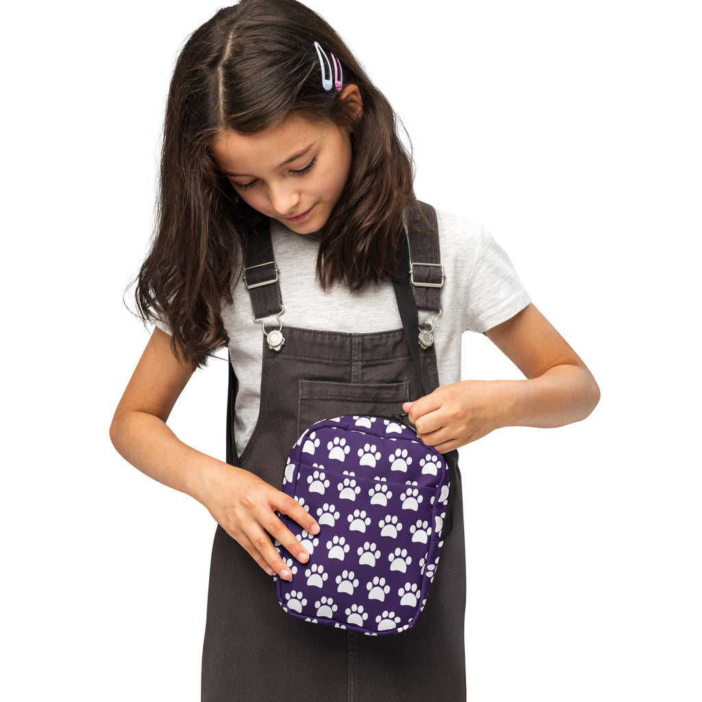Girls Dark Purple Paw Print Crossbody Bag – Water Resistant Mini Purse With Adjustable Strap & Pockets