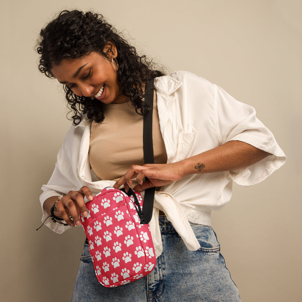 Bright Pink Paw Print Crossbody Bag – Water Resistant Mini Purse With Adjustable Strap & Pockets