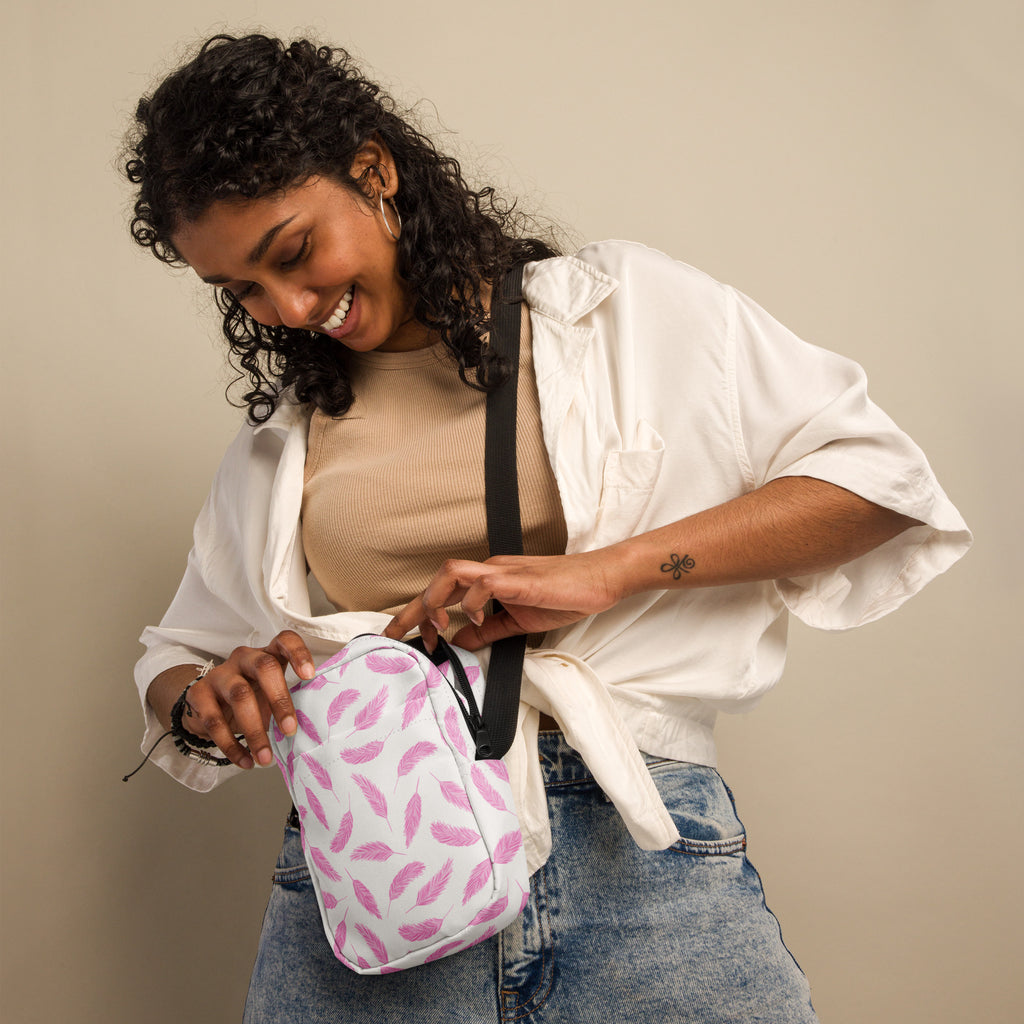 Pink Flamingo Feathers Crossbody Bag – Water Resistant Mini Purse With Adjustable Strap & Pockets