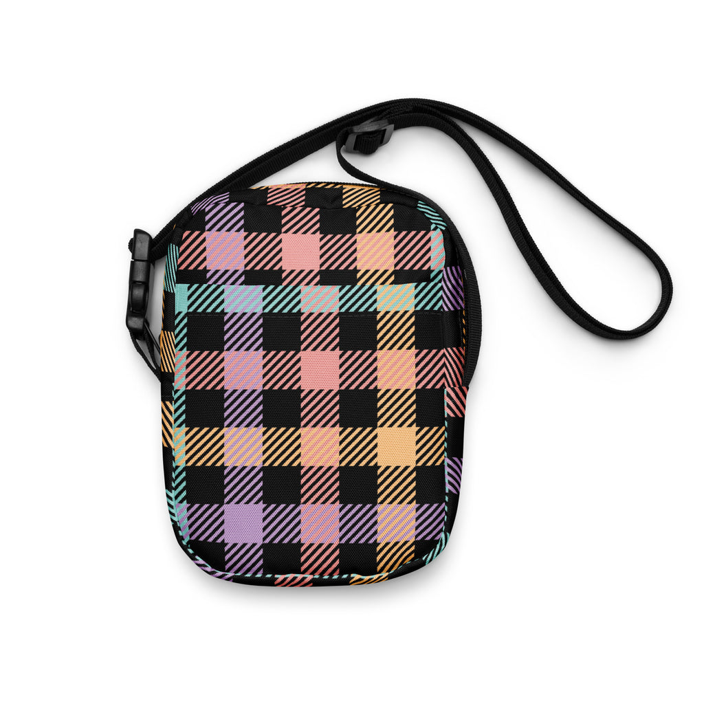 Black Colorful Plaid Crossbody Bag – Water Resistant Mini Purse With Adjustable Strap & Pockets