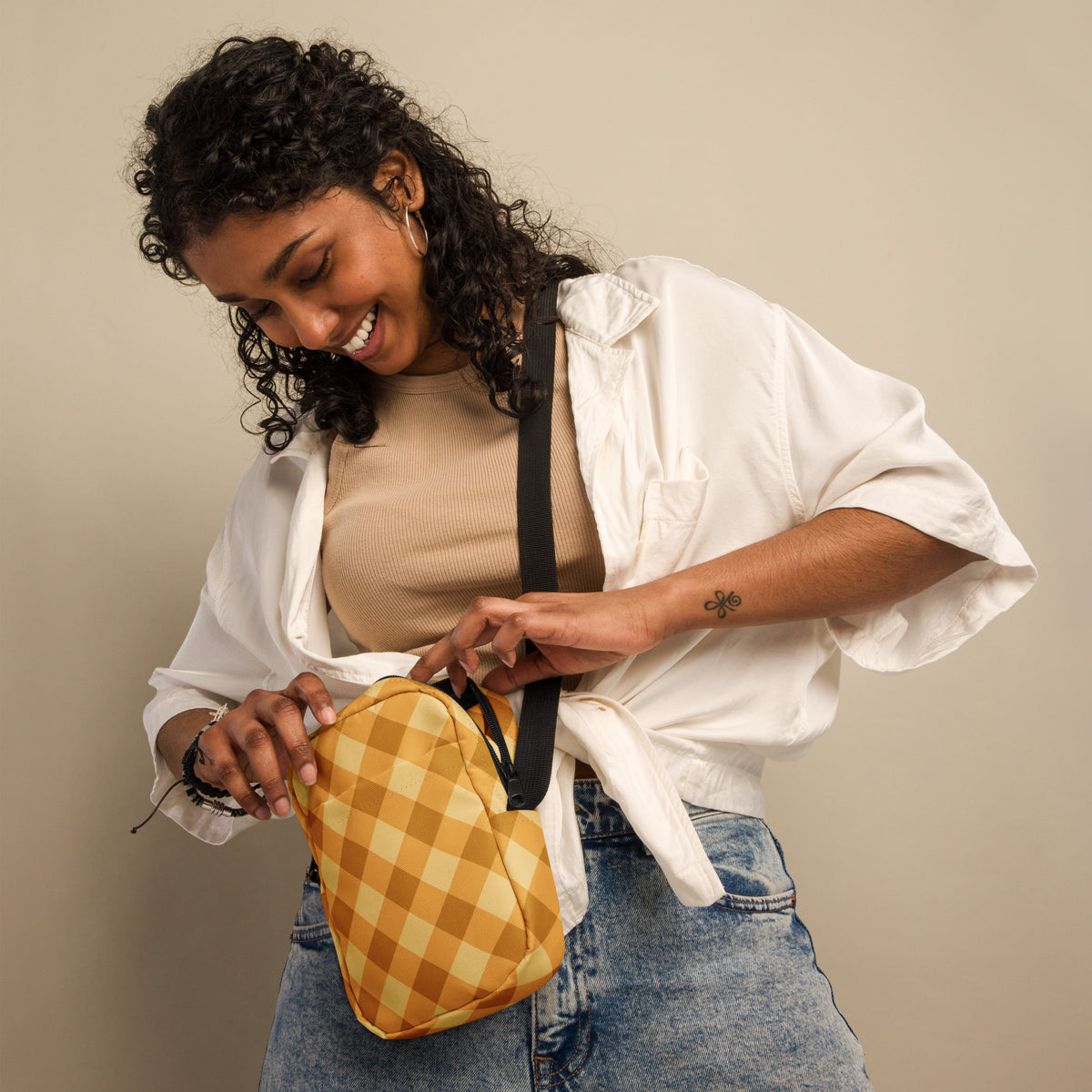 Orange Plaid Crossbody Bag – Water Resistant Mini Purse With Adjustable Strap & Pockets