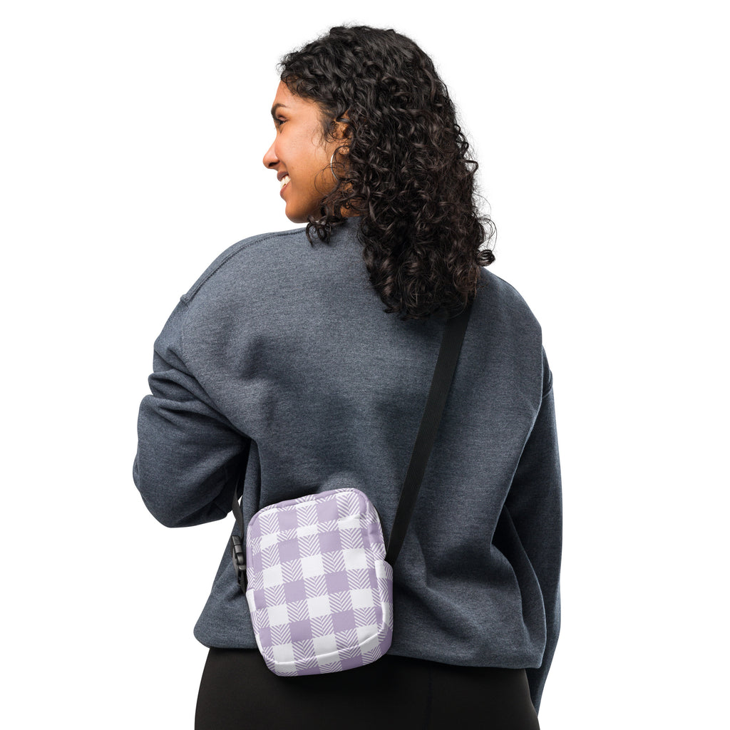 Lavender Gingham Crossbody Bag – Water Resistant Mini Purse With Adjustable Strap & Pockets