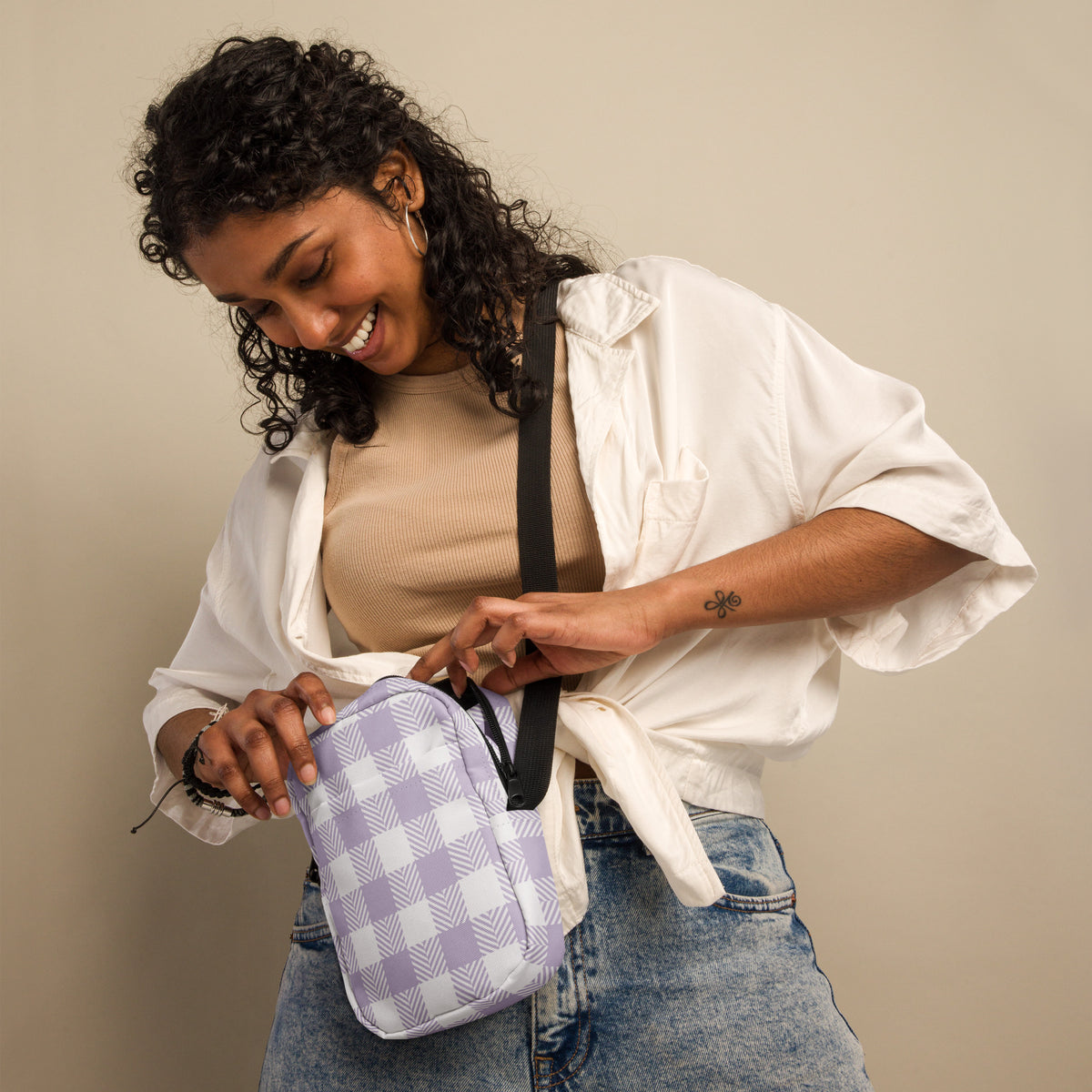 Lavender Gingham Crossbody Bag – Water Resistant Mini Purse With Adjustable Strap & Pockets