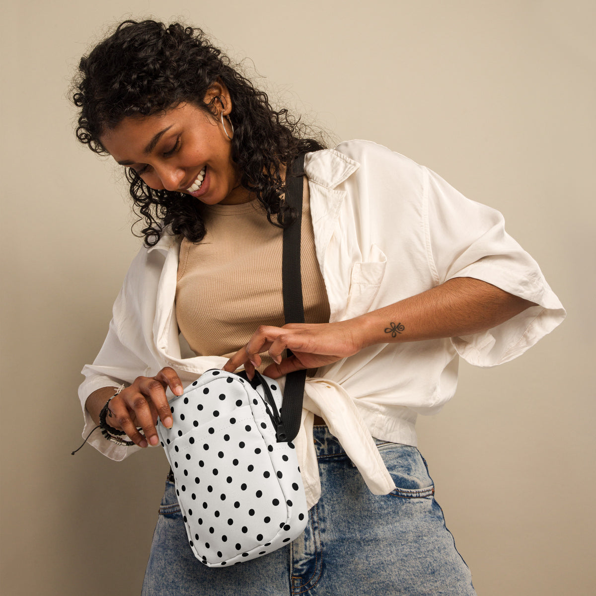 White Polka Dot Crossbody Bag – Water Resistant Mini Purse With Adjustable Strap & Pockets