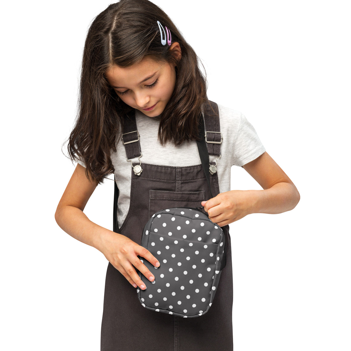 Girls Gray Polka Dot Crossbody Bag – Water Resistant Mini Purse With Adjustable Strap & Pockets