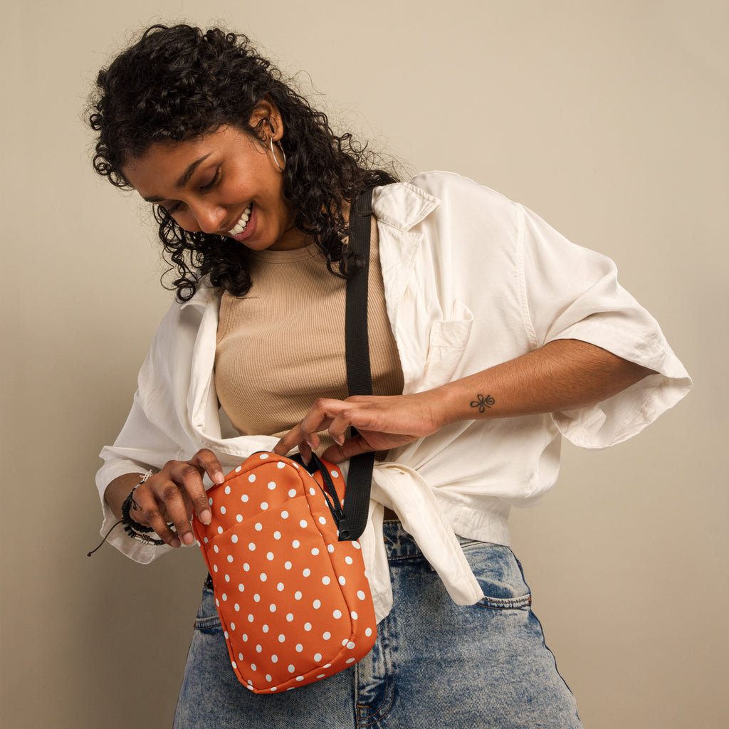 Orange Polka Dot Crossbody Bag – Water Resistant Mini Purse With Adjustable Strap & Pockets