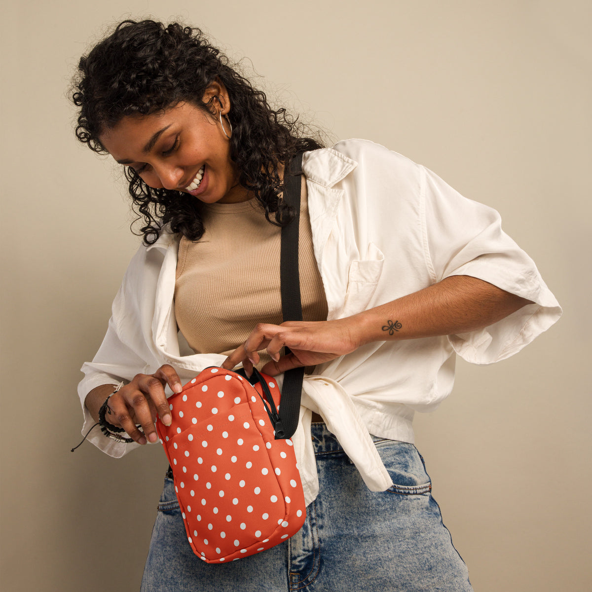 Bright Orange Polka Dot Crossbody Bag – Water Resistant Mini Purse With Adjustable Strap & Pockets