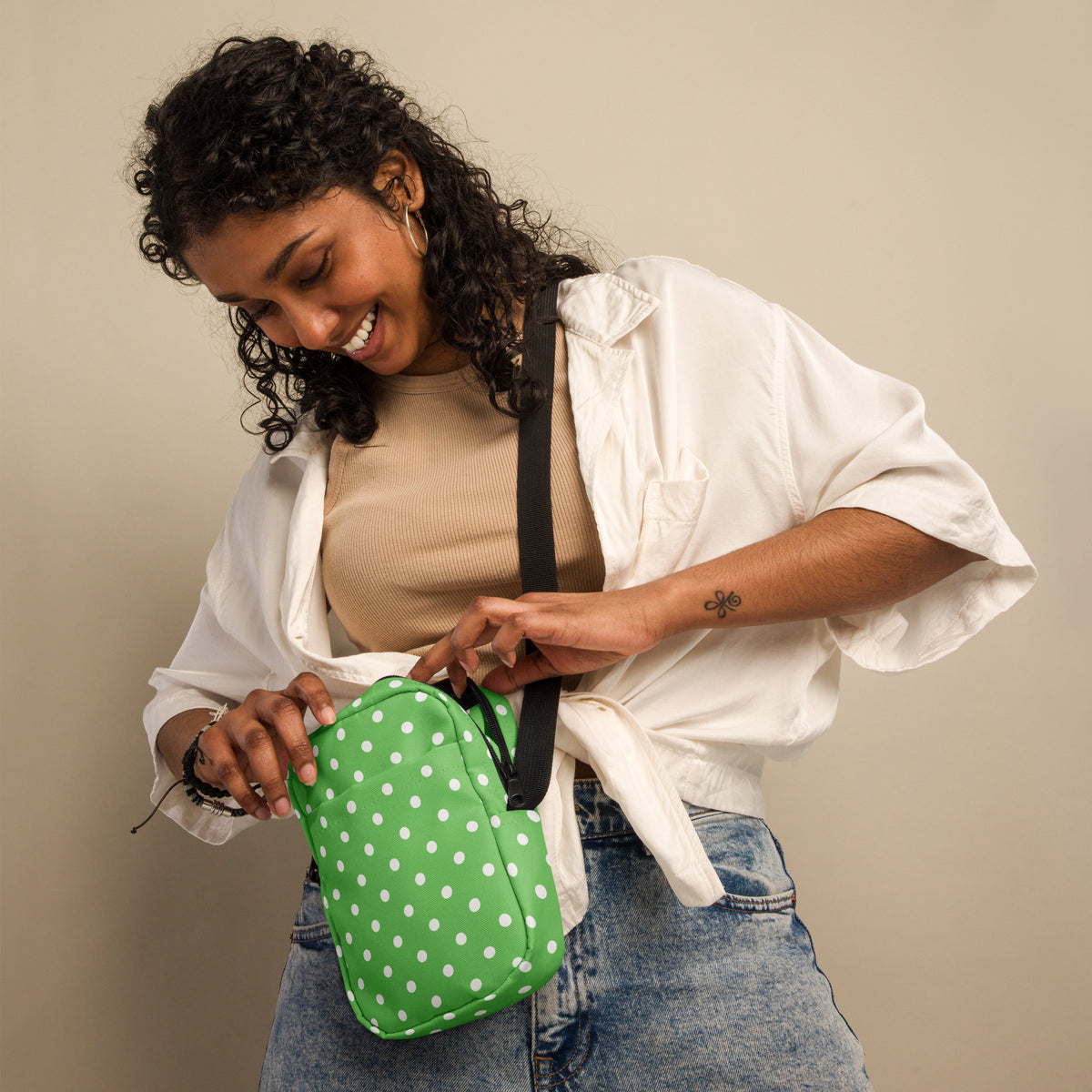 Green Polka Dot Crossbody Bag – Water Resistant Mini Purse With Adjustable Strap & Pockets