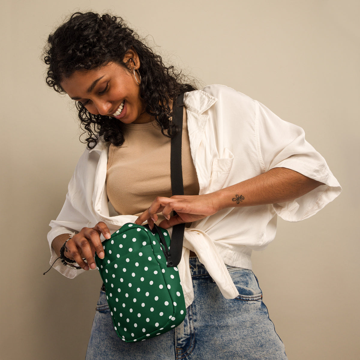 Forest Green Polka Dot Crossbody Bag – Water Resistant Mini Purse With Adjustable Strap & Pockets