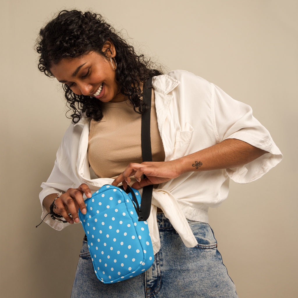 Sky Blue Polka Dot Crossbody Bag – Water Resistant Mini Purse With Adjustable Strap & Pockets