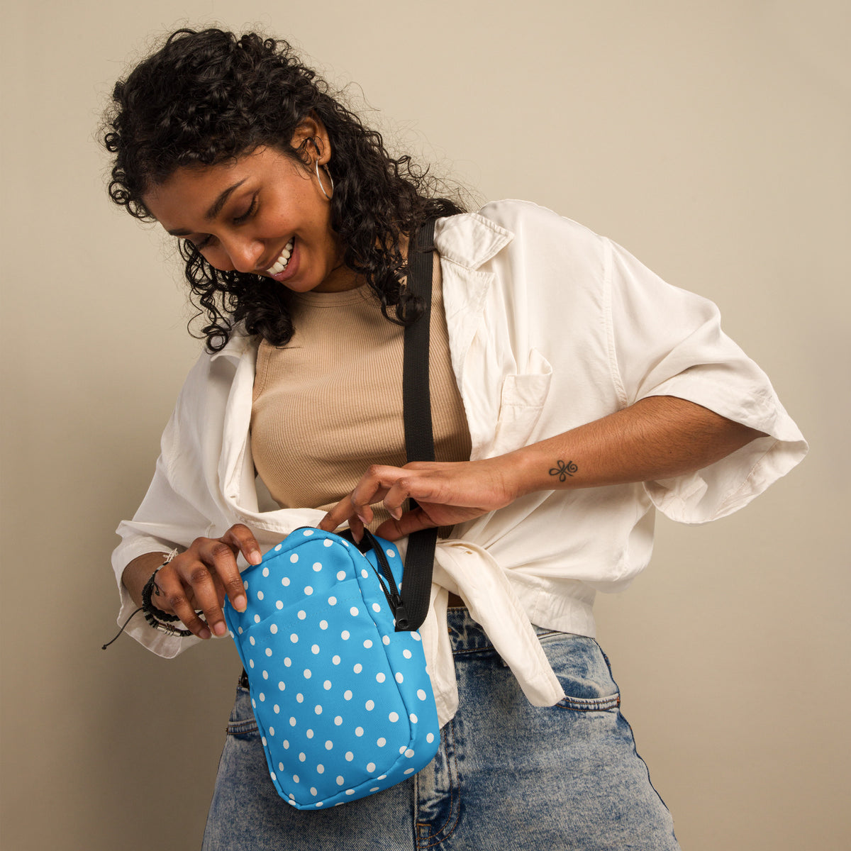 Sky Blue Polka Dot Crossbody Bag – Water Resistant Mini Purse With Adjustable Strap & Pockets
