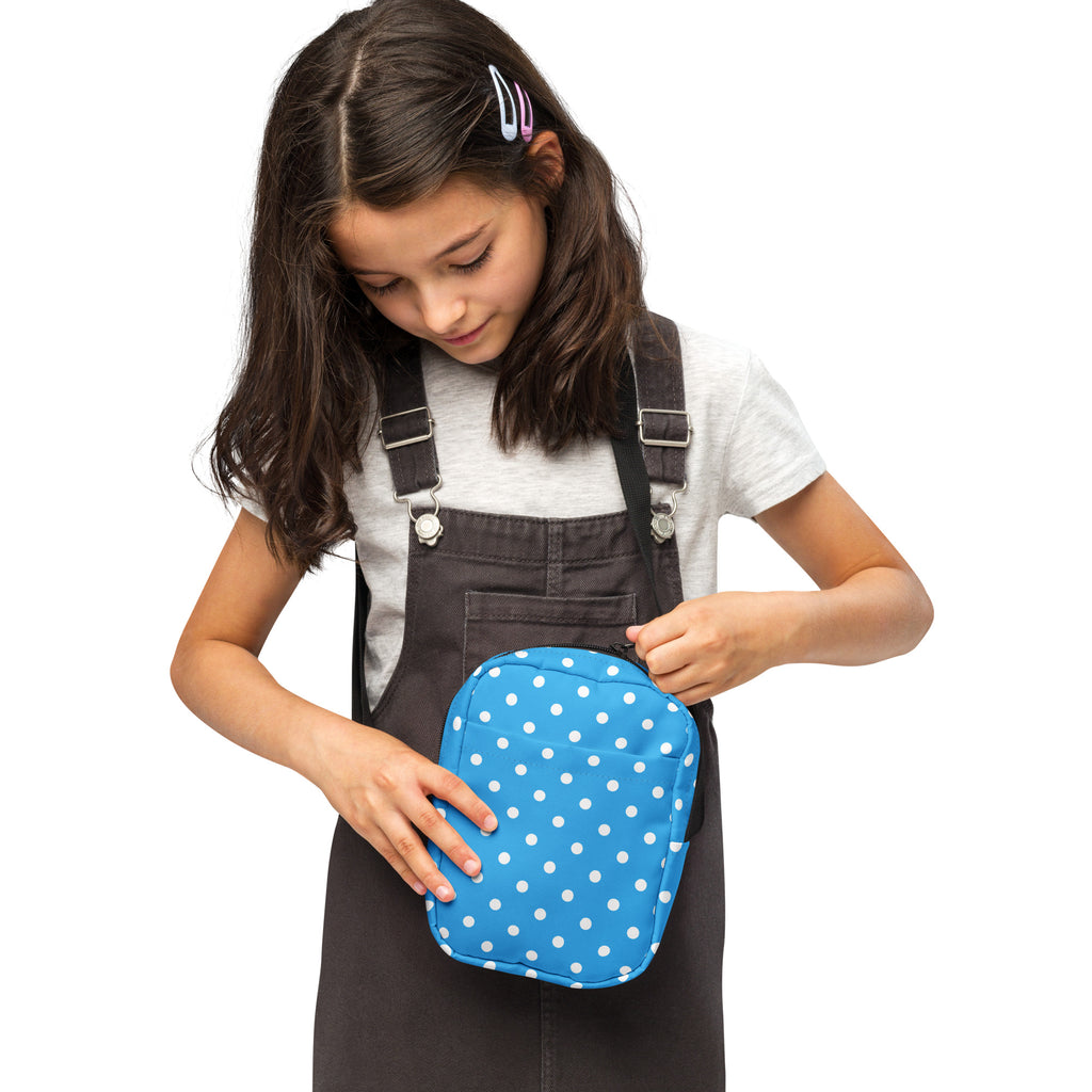 Girls Sky Blue Polka Dot Crossbody Bag – Water Resistant Mini Purse With Adjustable Strap & Pockets