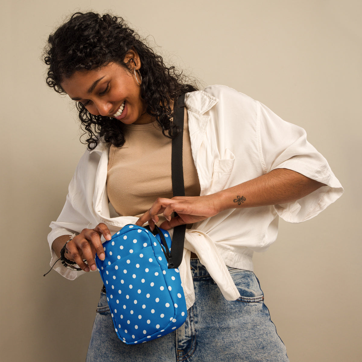 Royal Blue Polka Dot Crossbody Bag – Water Resistant Mini Purse With Adjustable Strap & Pockets