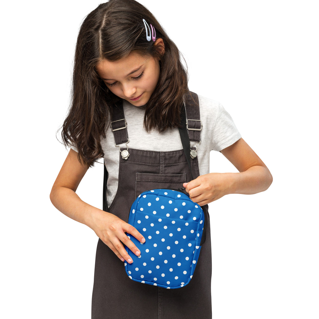 Girls Royal Blue Polka Dot Crossbody Bag – Water Resistant Mini Purse With Adjustable Strap & Pockets