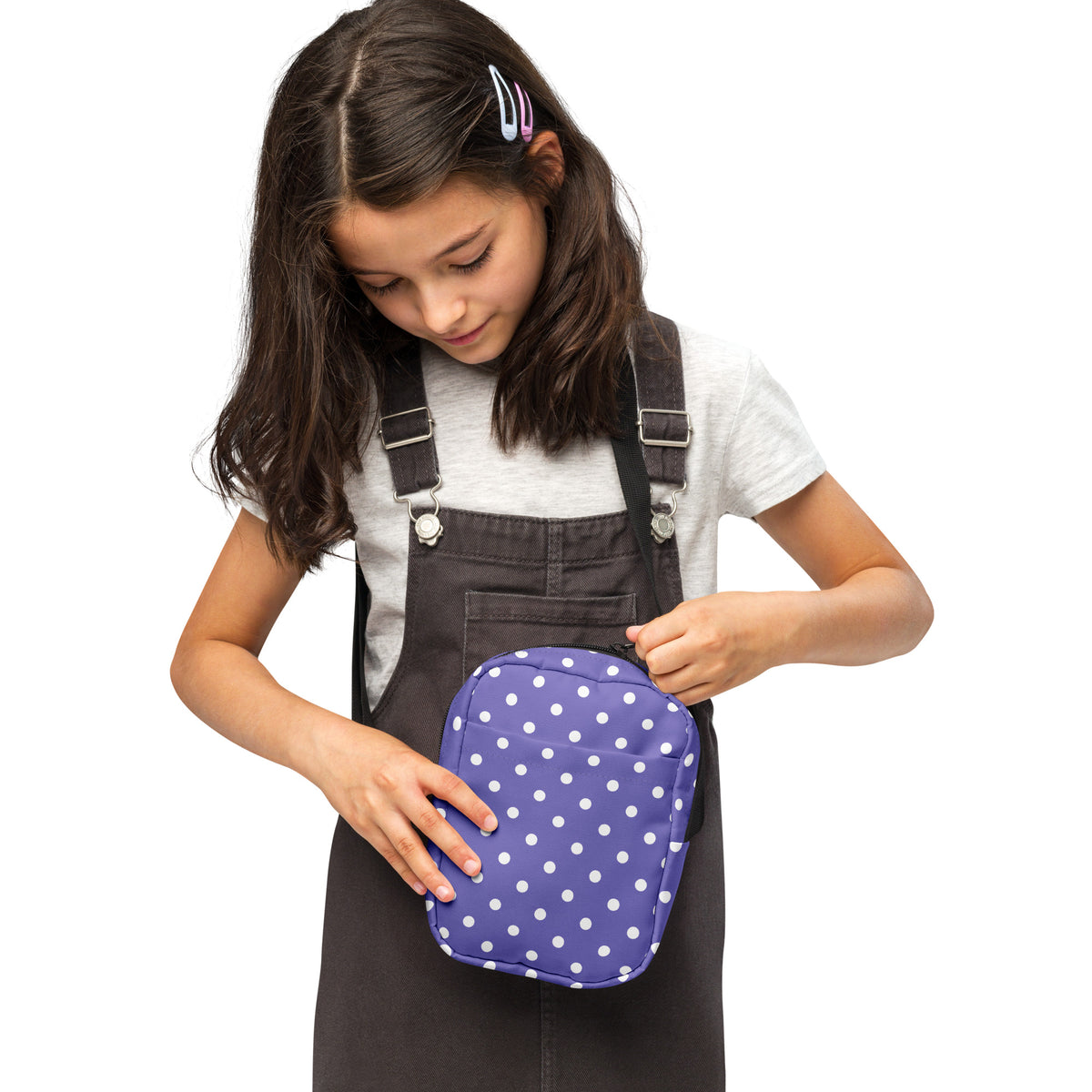 Girls Purple Polka Dot Crossbody Bag – Water Resistant Mini Purse With Adjustable Strap & Pockets