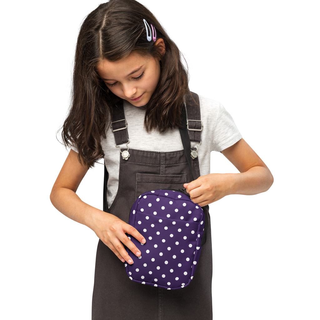 Girls Dark Purple Polka Dot Crossbody Bag – Water Resistant Mini Purse With Adjustable Strap & Pockets