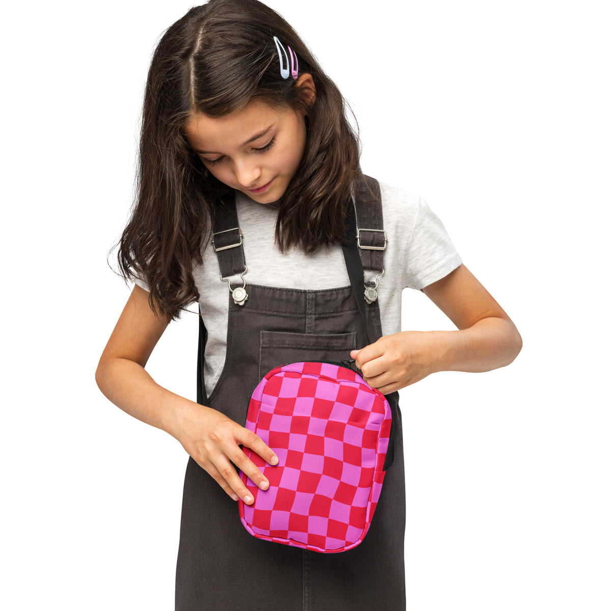 Girls Bright Pink Checkered Crossbody Bag – Water Resistant Mini Purse With Adjustable Strap & Pockets