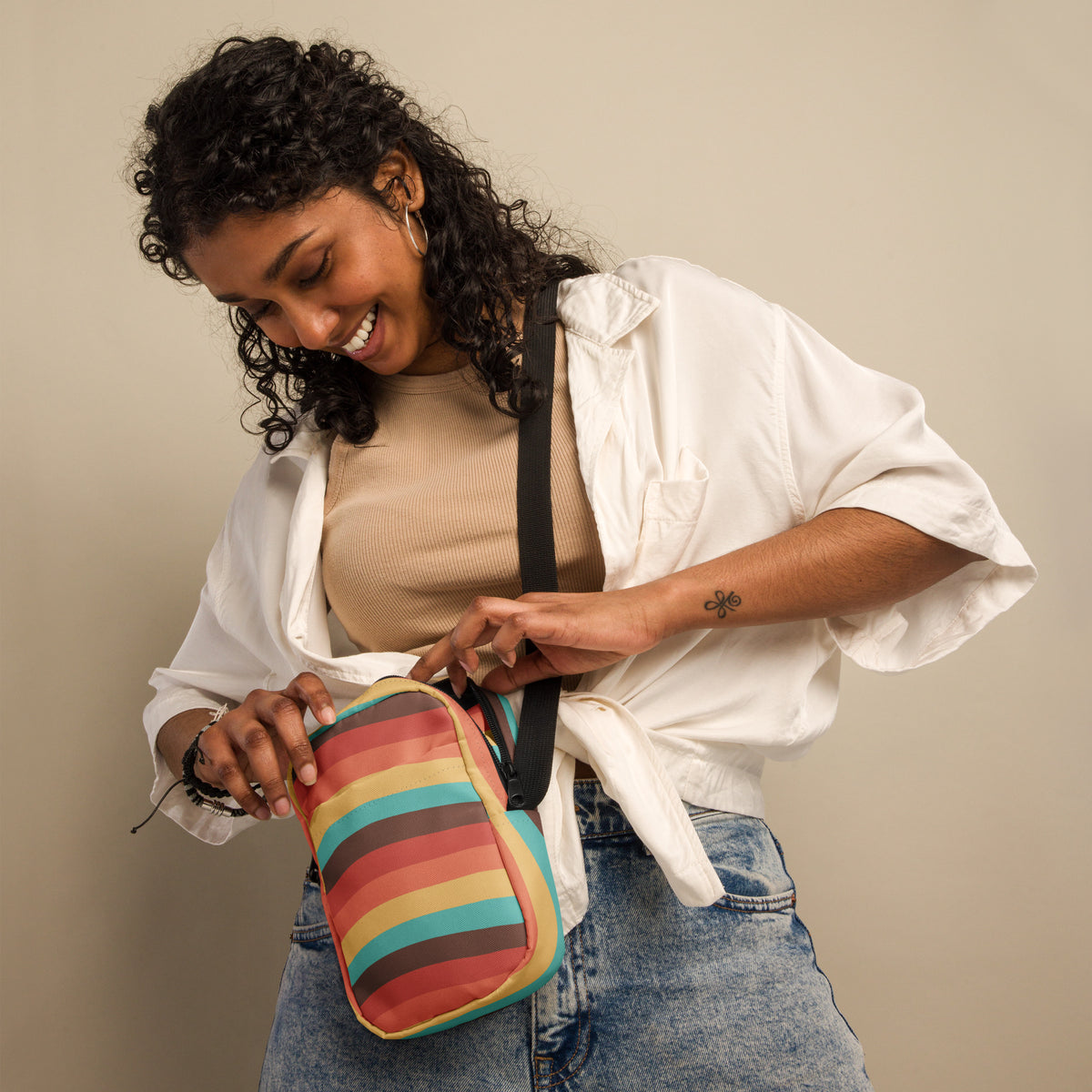 Retro Rainbow Stripe Crossbody Bag – Water Resistant Mini Purse With Adjustable Strap & Pockets