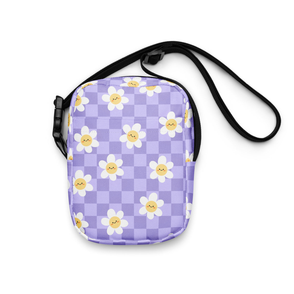 Purple Daisy Checkered Crossbody Bag – Water Resistant Mini Purse With Adjustable Strap & Pockets