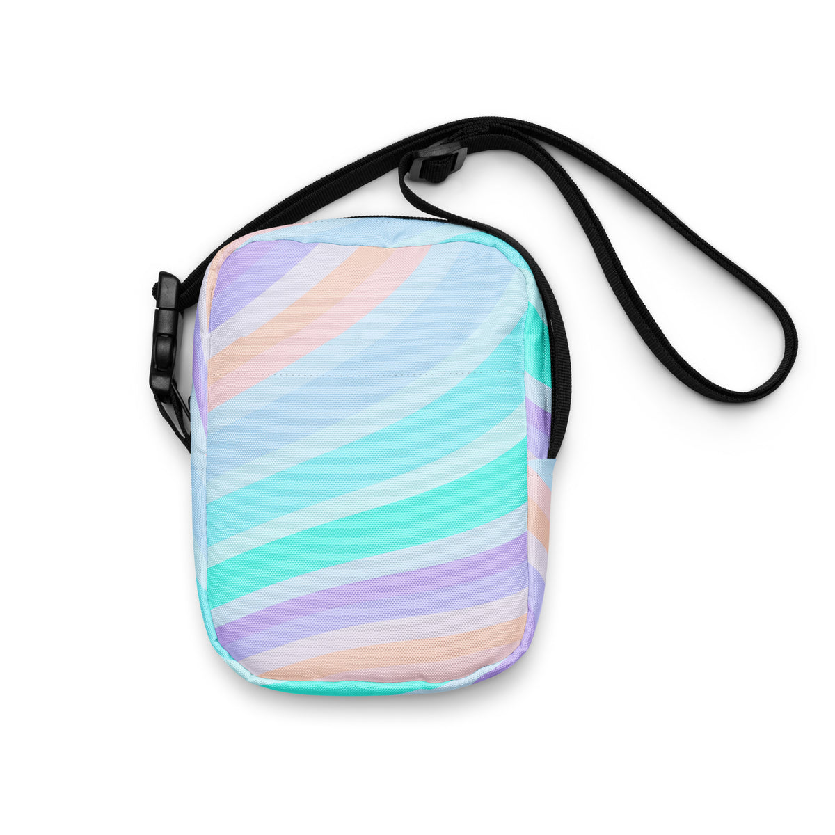 Striped Blue, Purple, & Aqua Crossbody Bag – Water Resistant Mini Purse With Adjustable Strap & Pockets