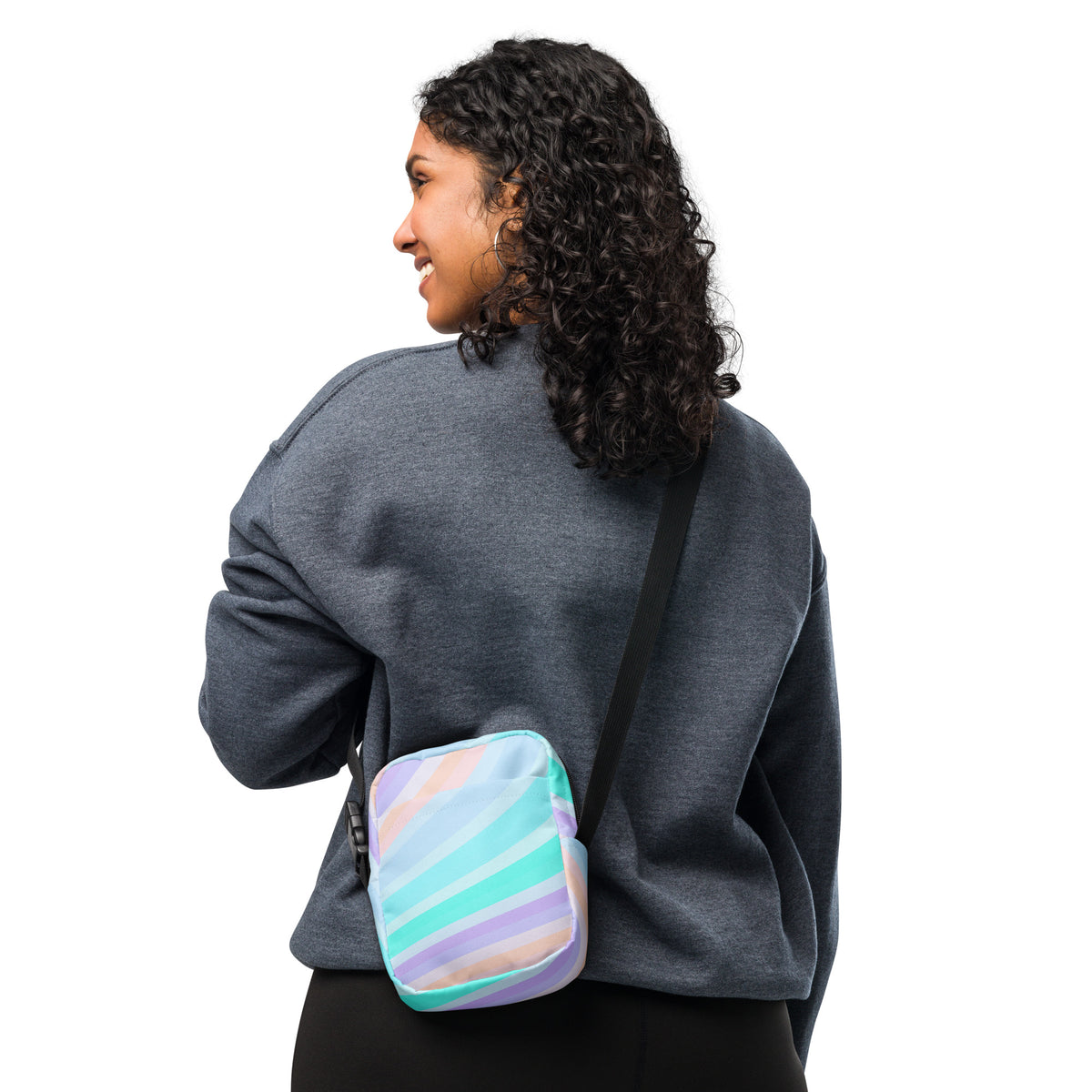 Striped Blue, Purple, & Aqua Crossbody Bag – Water Resistant Mini Purse With Adjustable Strap & Pockets