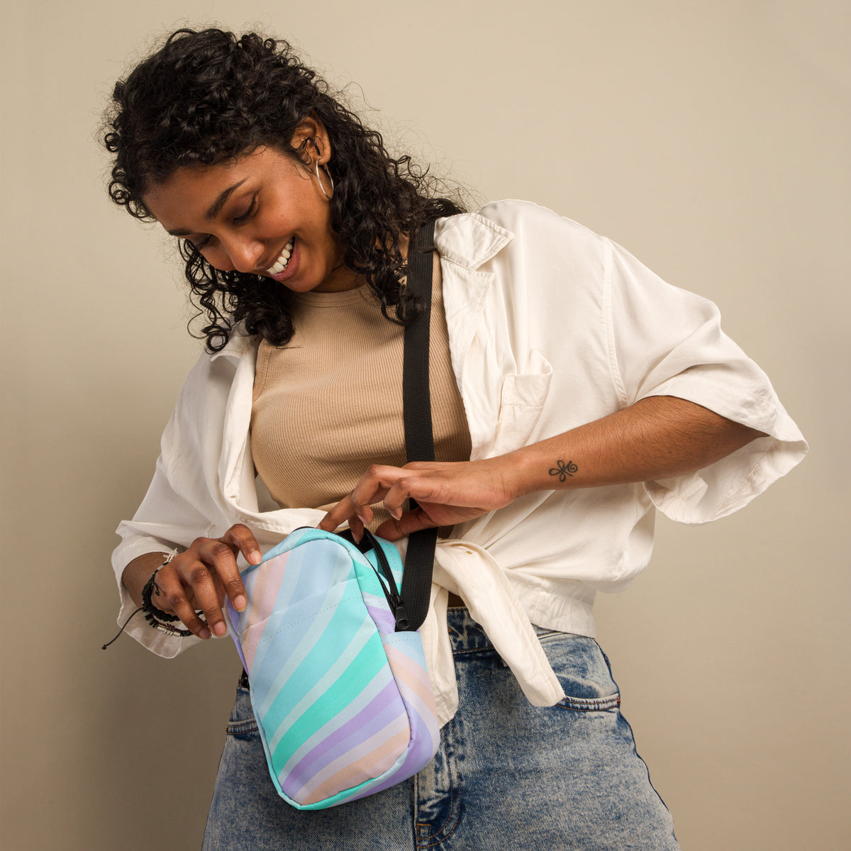 Striped Blue, Purple, & Aqua Crossbody Bag – Water Resistant Mini Purse With Adjustable Strap & Pockets