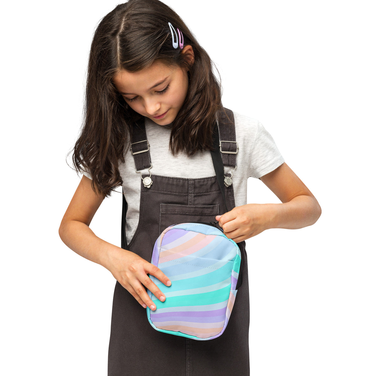 Girls Striped Blue, Purple, & Aqua Crossbody Bag – Water Resistant Mini Purse With Adjustable Strap & Pockets