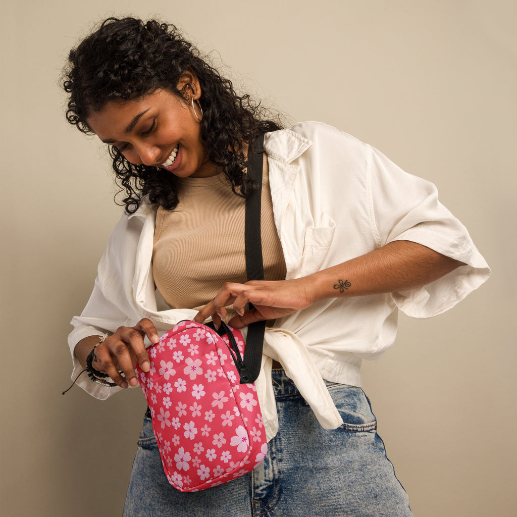 Pink Cherry Blossom Crossbody Bag – Water Resistant Mini Purse With Adjustable Strap & Pockets