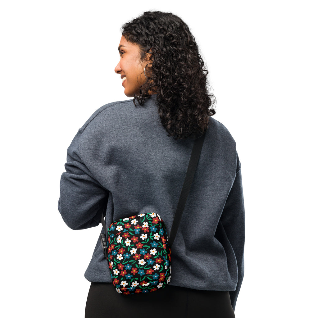 Black Wildflower Crossbody Bag – Water Resistant Mini Purse With Adjustable Strap & Pockets