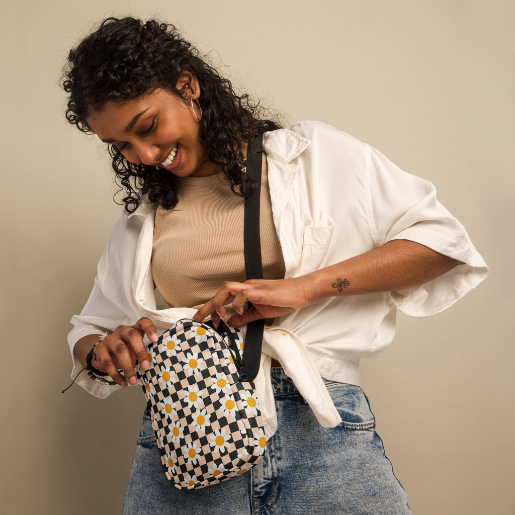 Daisy Checkered Crossbody Bag – Water Resistant Mini Purse With Adjustable Strap & Pockets