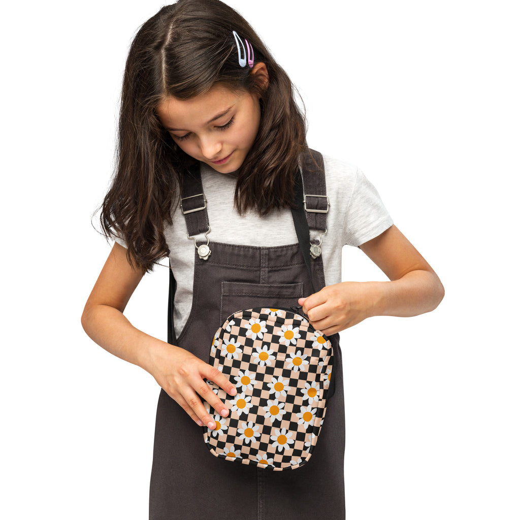 Girls Daisy Checkered Crossbody Bag – Water Resistant Mini Purse With Adjustable Strap & Pockets