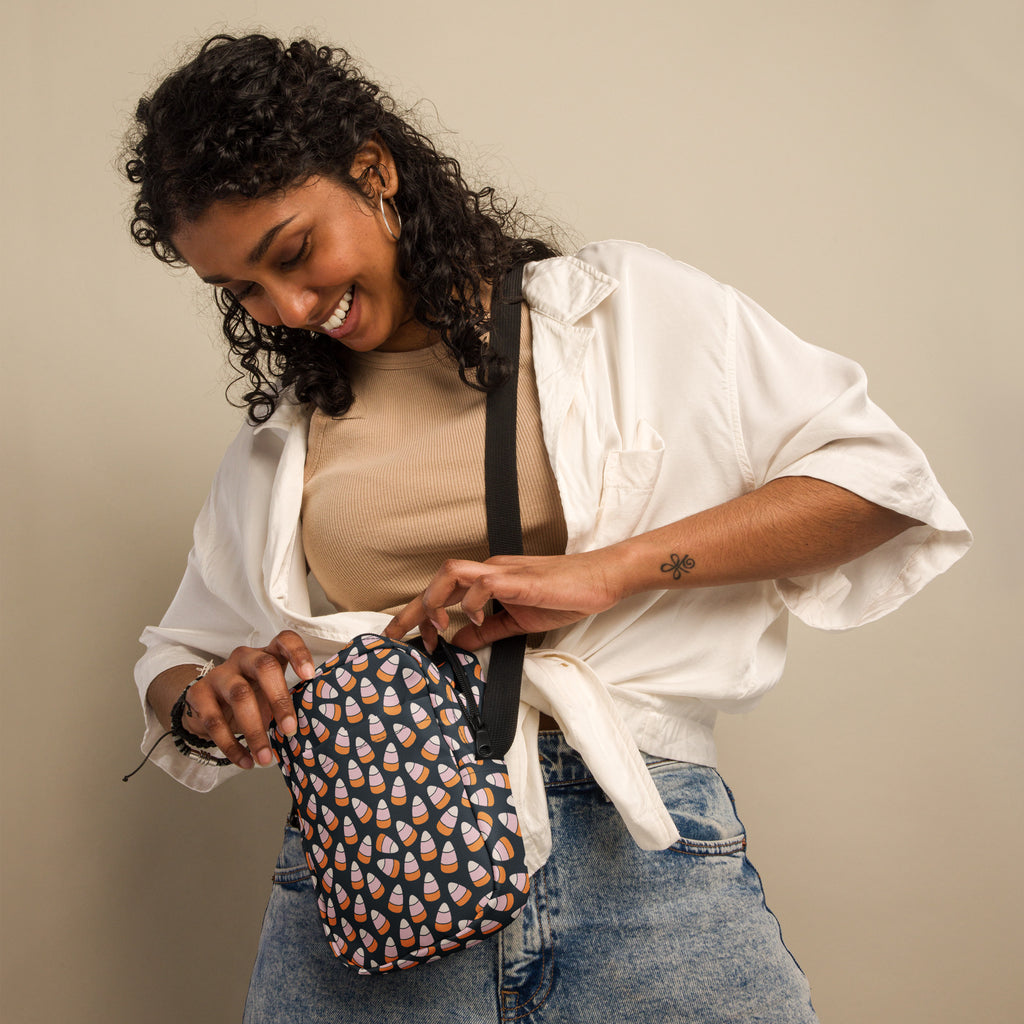 Pink & Orange Candy Corn Halloween Crossbody Bag – Water Resistant Mini Purse With Adjustable Strap & Pockets