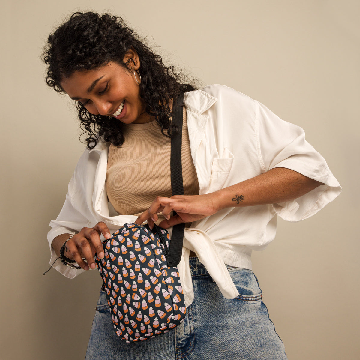 Pink & Orange Candy Corn Halloween Crossbody Bag – Water Resistant Mini Purse With Adjustable Strap & Pockets