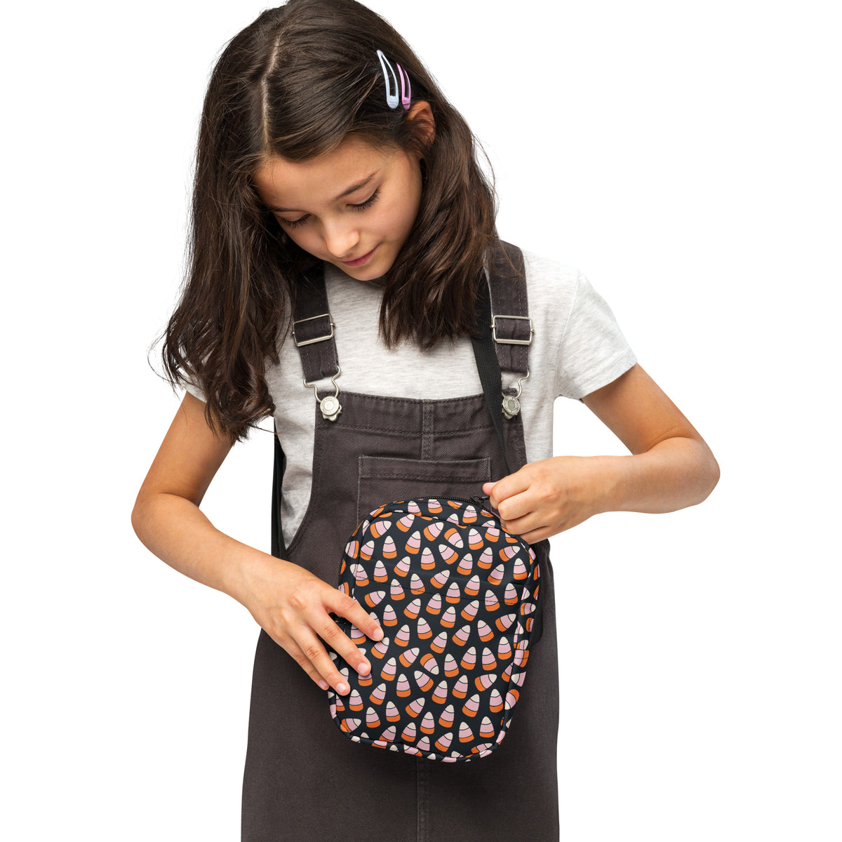 Girls Pink & Orange Candy Corn Halloween Crossbody Bag – Water Resistant Mini Purse With Adjustable Strap & Pockets