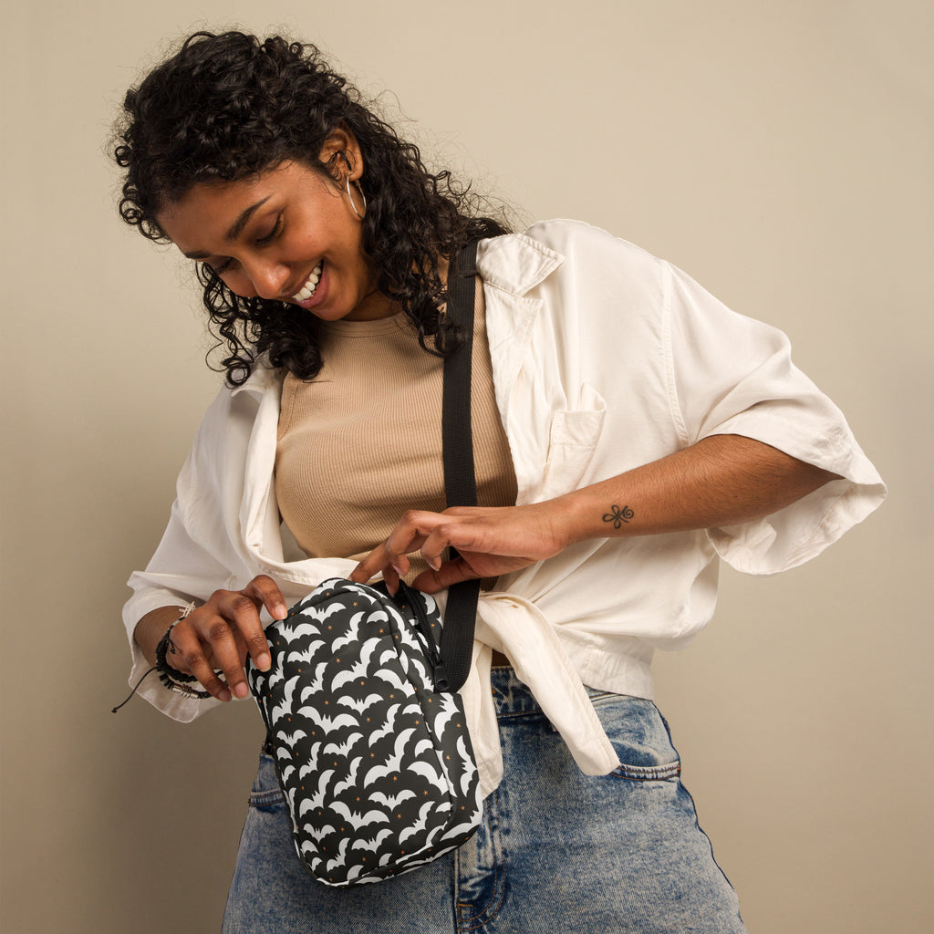 Black Bat Halloween Crossbody Bag – Water Resistant Mini Purse With Adjustable Strap & Pockets