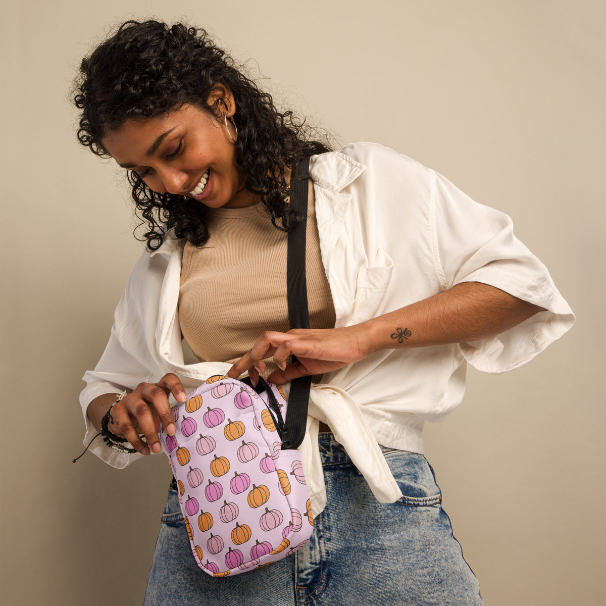 Pink Pumpkin Patch Crossbody Bag – Water Resistant Mini Purse With Adjustable Strap & Pockets