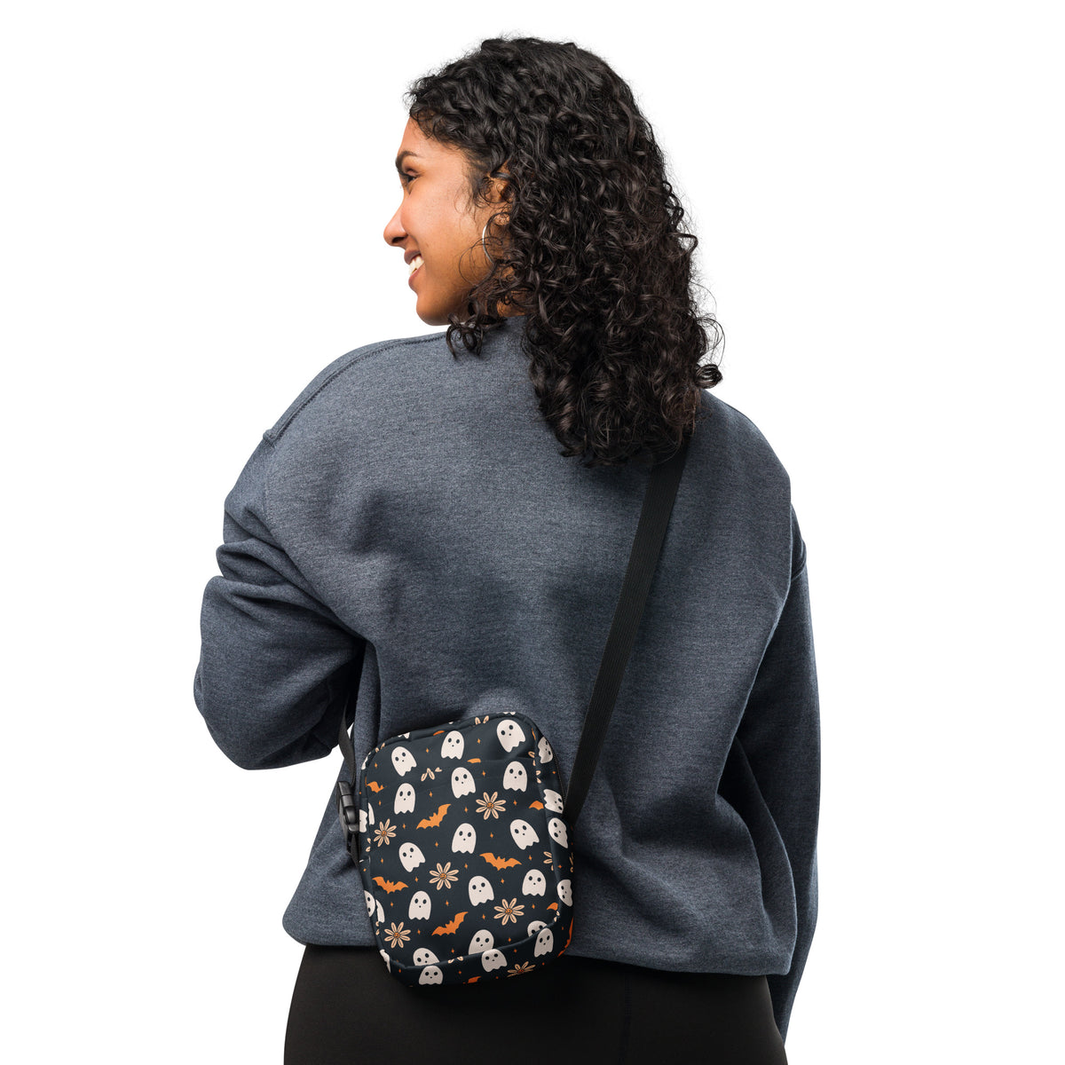 Floral Ghost & Bat Halloween Crossbody Bag – Water Resistant Mini Purse With Adjustable Strap & Pockets