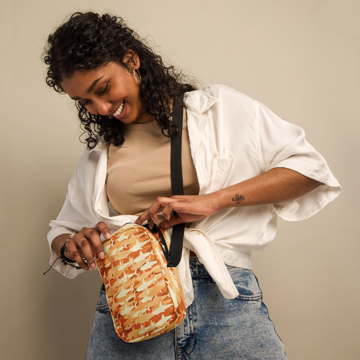 Orange Shark Camouflage Crossbody Bag – Water Resistant Mini Purse With Adjustable Strap & Pockets