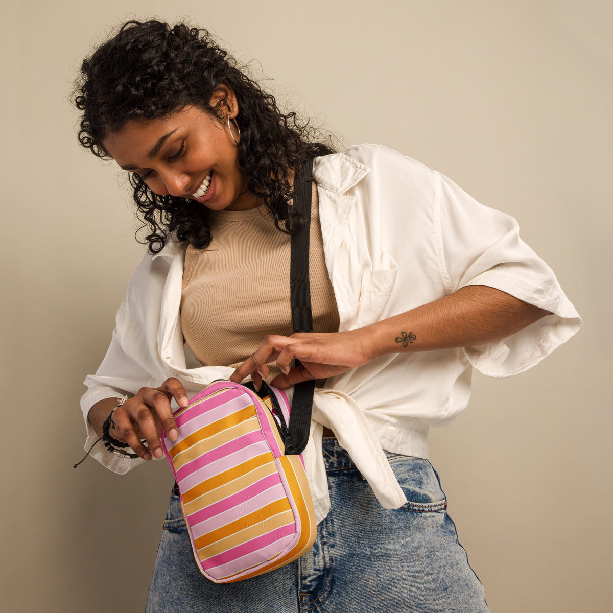 Pink & Orange Striped Candy Corn Halloween Crossbody Bag – Water Resistant Mini Purse With Adjustable Strap & Pockets