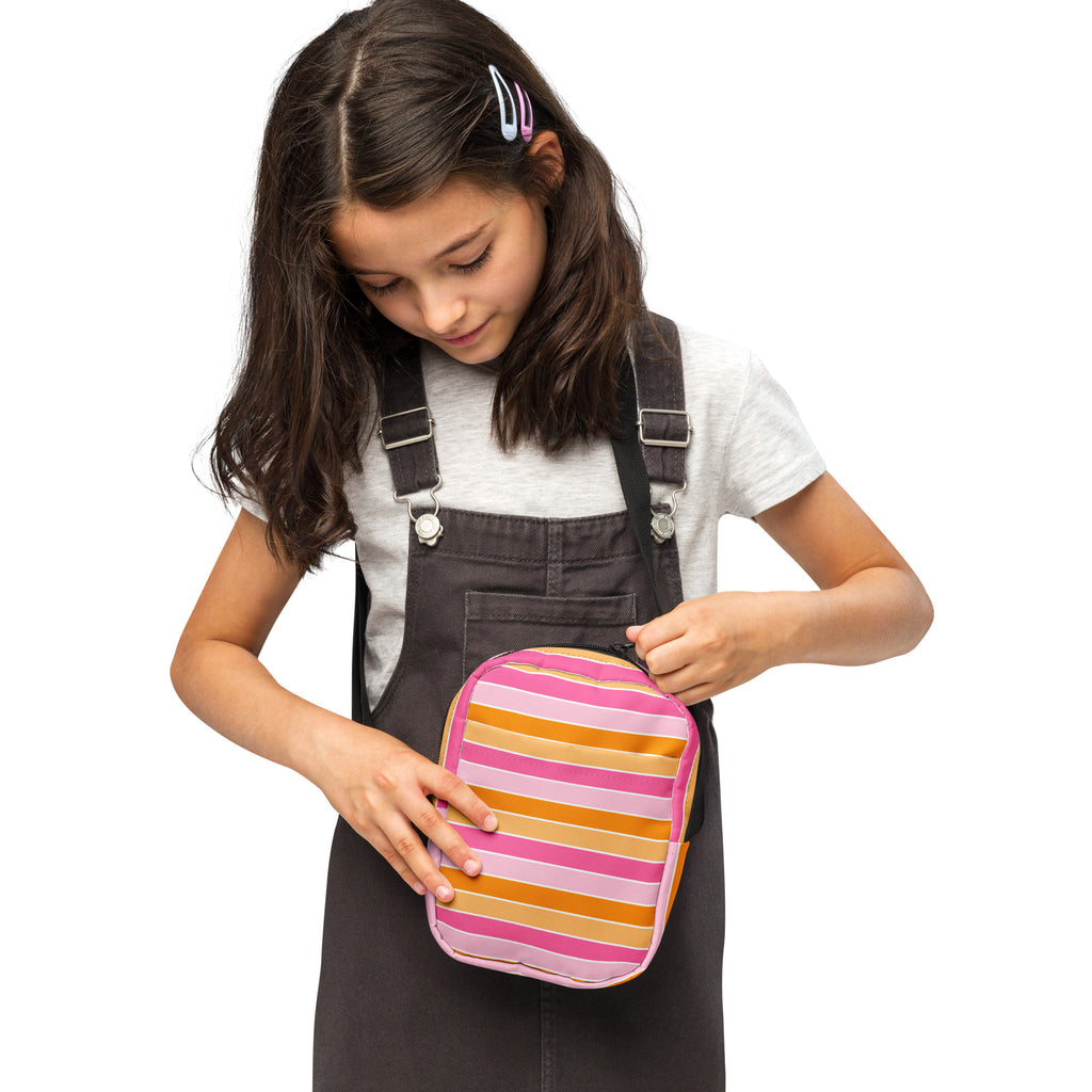 Girls Pink & Orange Striped Candy Corn Halloween Crossbody Bag – Water Resistant Mini Purse With Adjustable Strap & Pockets