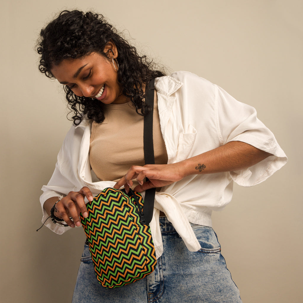 Orange & Green Chevron Halloween Crossbody Bag – Water Resistant Mini Purse With Adjustable Strap & Pockets
