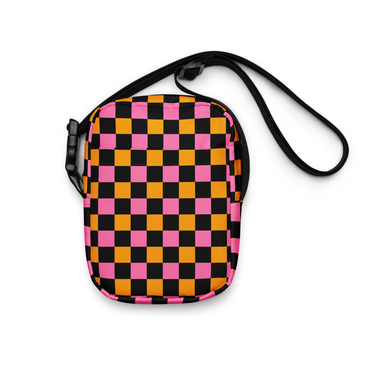 Pink & Orange Checkered Halloween Crossbody Bag – Water Resistant Mini Purse With Adjustable Strap & Pockets