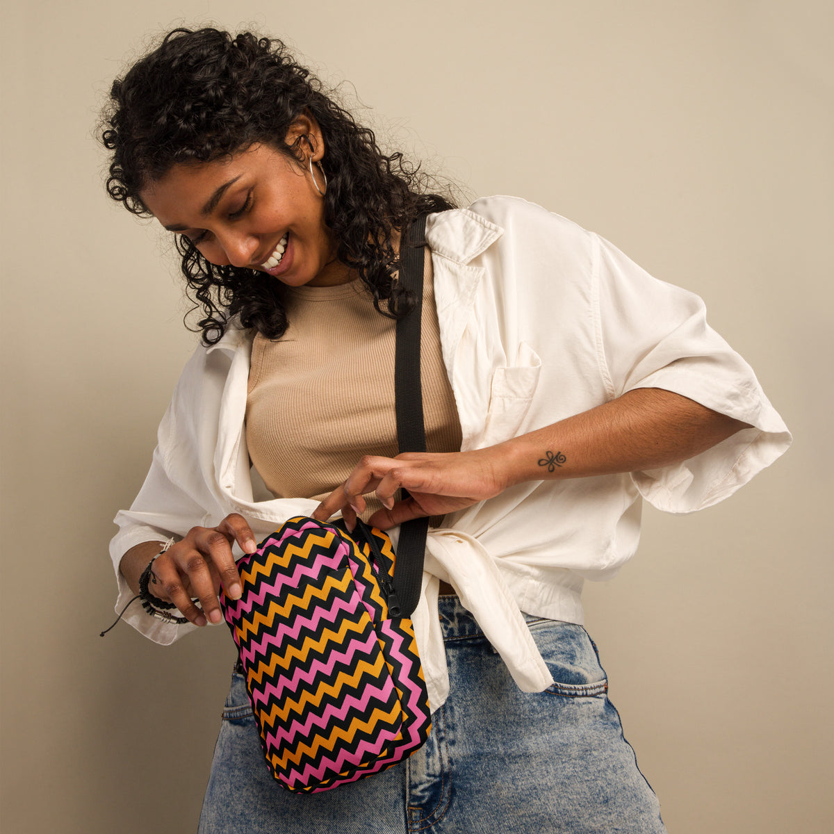 Pink & Orange Chevron Halloween Crossbody Bag – Water Resistant Mini Purse With Adjustable Strap & Pockets