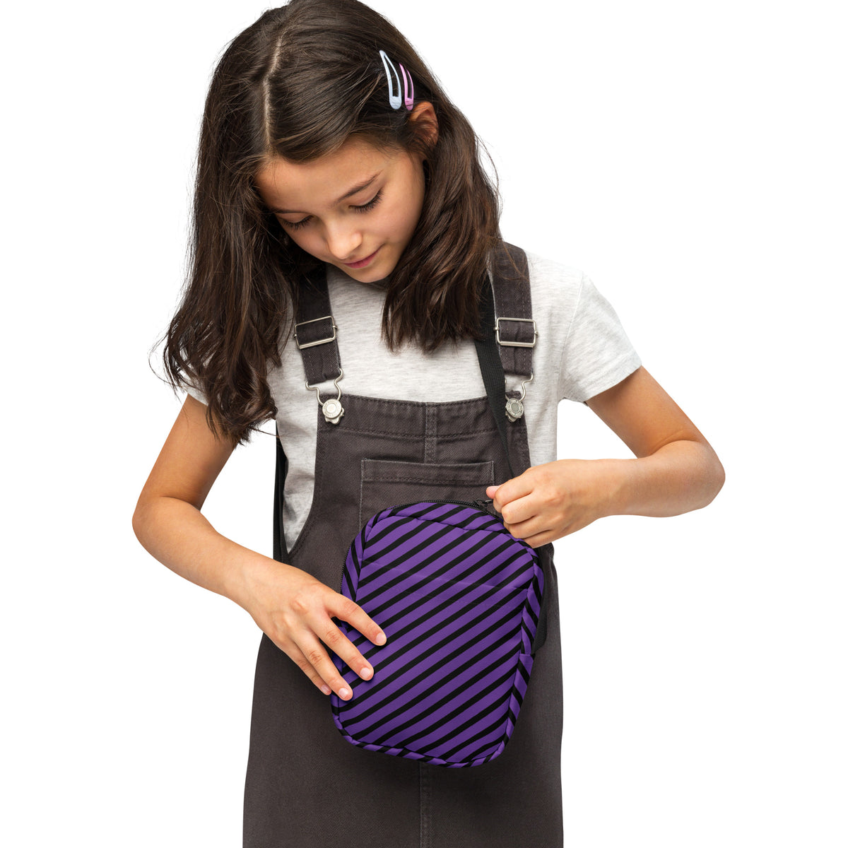 Girls Purple & Black Striped Halloween Crossbody Bag – Water Resistant Mini Purse With Adjustable Strap & Pockets