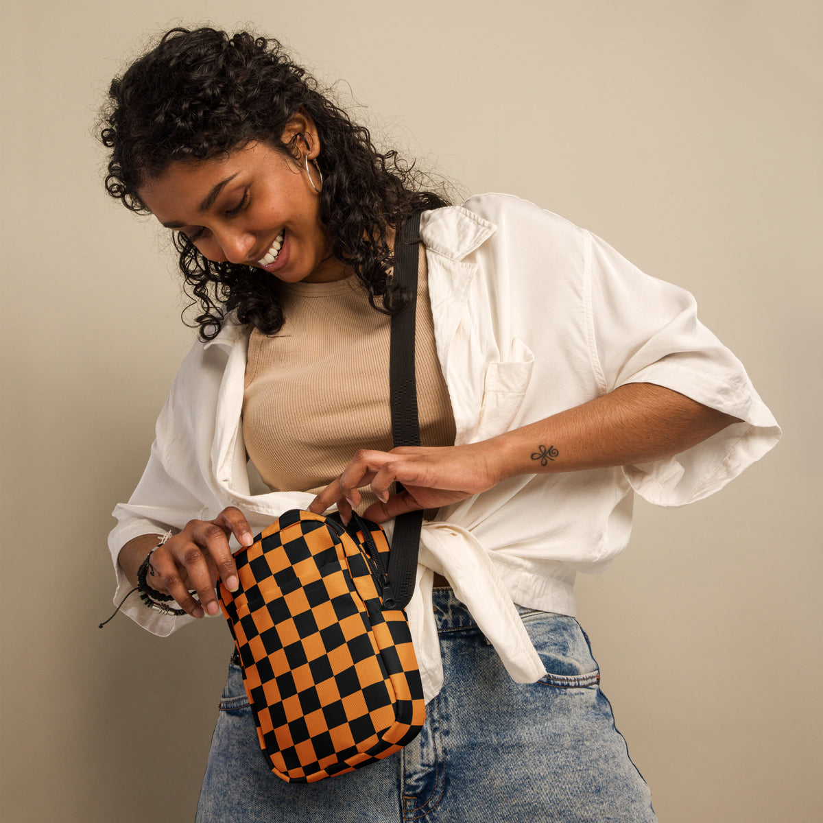 Orange Checkered Halloween Crossbody Bag – Water Resistant Mini Purse With Adjustable Strap & Pockets