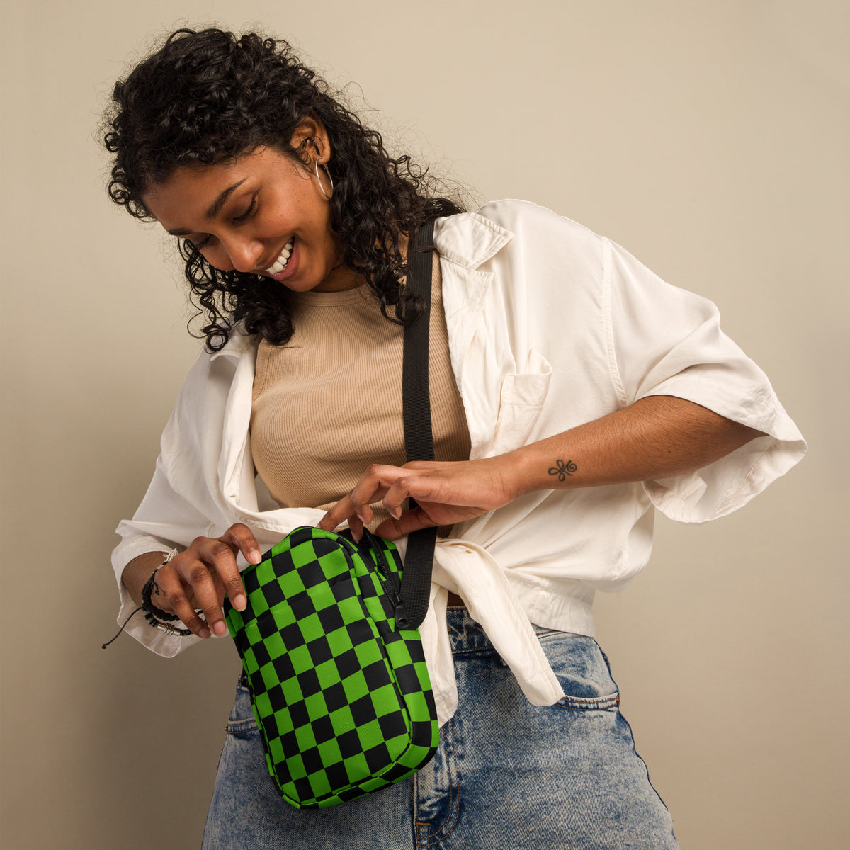 Green Checkered Halloween Crossbody Bag – Water Resistant Mini Purse With Adjustable Strap & Pockets